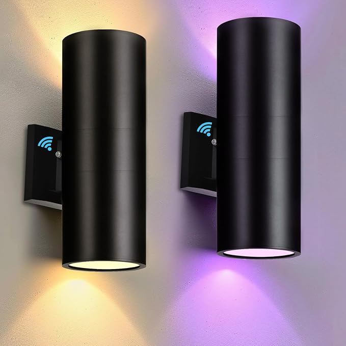 RGB Outdoor Wall Light Fixtures, Smart Cylinder Exterior Lighting Fixtures Wall Mount, Color Changing Up Down Wall Sconce, LED Outdoor Porch Lights for House Front Door Garage