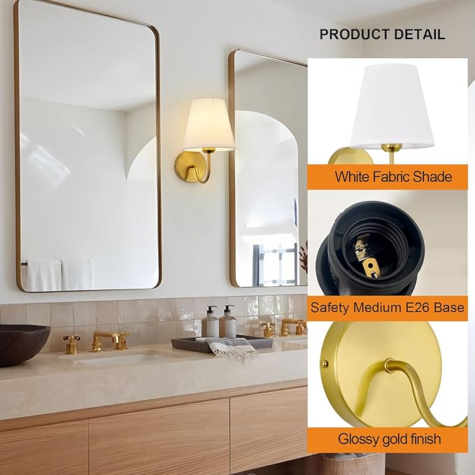 Modern Gold Hardwired Wall Sconces Lighting Fixture, E26 Industrial Vintage Gold Wall Light Set of 2 Pack Wall Lamp Bathroom Decor for Bedroom Living Room, Brass Finish Sconces
