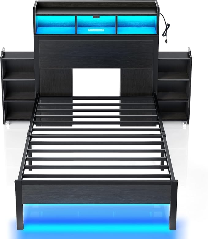 Rolanstar Bed Frame Twin Size with Bookcase Storage Headboard, Slide Out Bedside Storage, Bed with Charging Station & LED Lights, Heavy Duty Metal Slats, No Box Spring Needed, Noise Free, Black