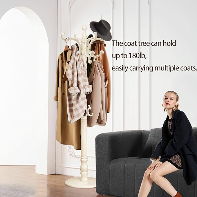 Coat Rack Freestanding, Wooden Coat Tree with Stable Round Base, Vintage Heavy Duty Coat Rack Stand with 14 Hooks, Coat Hanger Stand for Bedroom, Office, Entryway (Ivory)