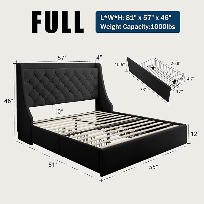 Full Size Bed Frame with 4 Storage Drawers, Giant Upholstered Wingback Headboard, Fast Charging Station, No Box Spring Needed, Noise-Free, Black