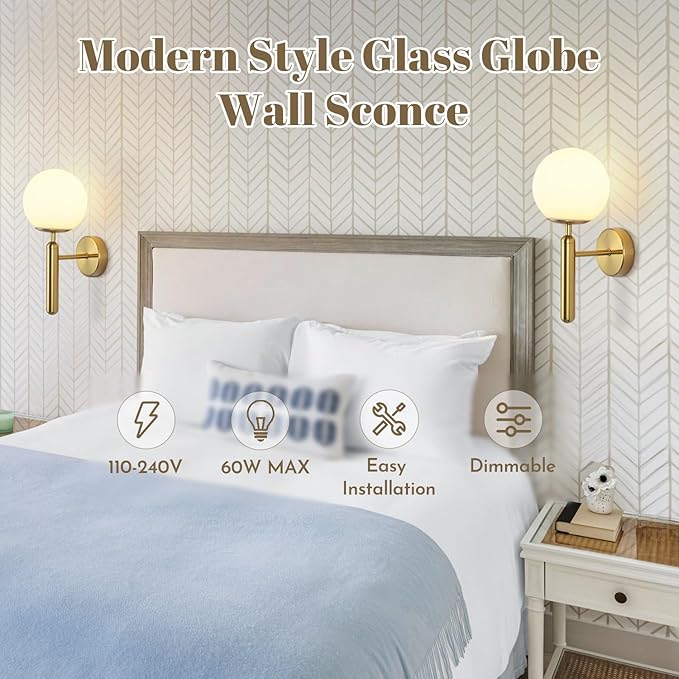 KCO Lighting Brass Wall Sconces Set of Two Milk Glass Globe Wall Light Brushed Gold Wall Sconce Modern Bathroom Wall Light Fixtures Mid Century Bedside Sconces Set of 2