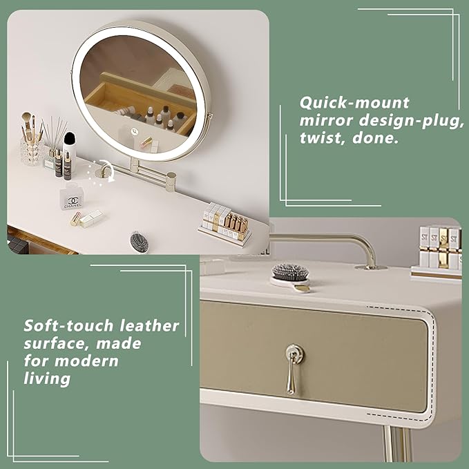 Vanity Desk with Adjustable Mirror and Lights, Makeup Vanity with 2 Drawers and Chair, Small Dressing Table with Leather Surface for Bedroom, 3 Lighting Modes
