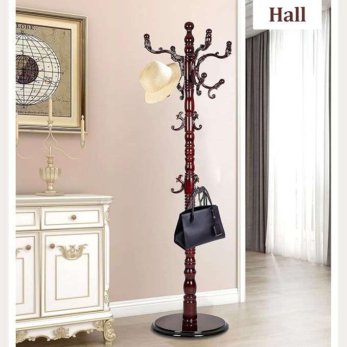 Coat Racks freestanding, High-grade Wooden Tree Coat Rack, Coat Rack Stand With 14 Hooks & Stable Disc Base, For such as coats, jackets, Home Office Hats Tree Hanger (black red)
