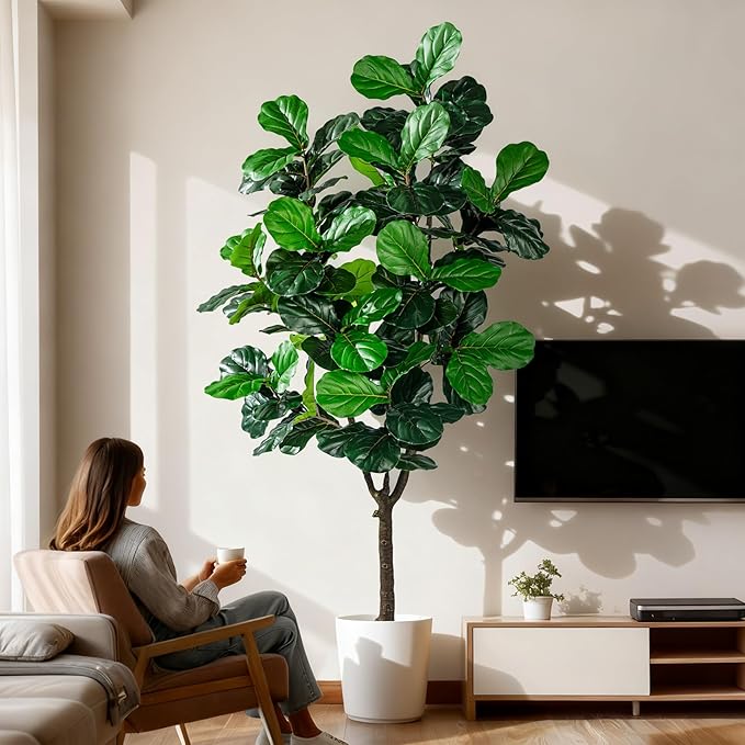 Artificial Fiddle Leaf Fig Tree 7ft with White Planter Realistic Fiddle Leaf Lyrata Plant Tall Fake Tree with Natural-Looking Leaves Fake Tree for Indoor Outdoor Home Office Decor