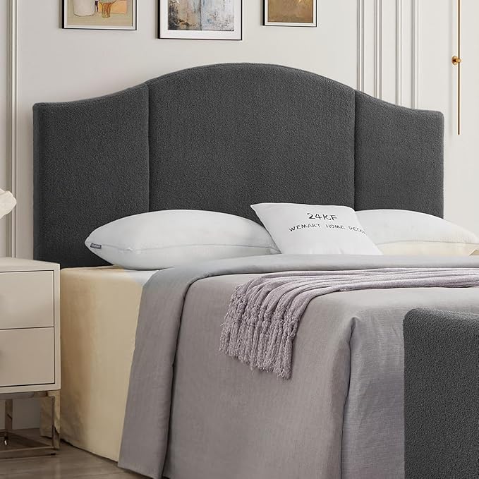 24KF Middle Century Upholstered Foldable Queen Headboard, Modern Boucle Teddy Fabric Headboard Queen/Full 6033-Q-Dark Gray