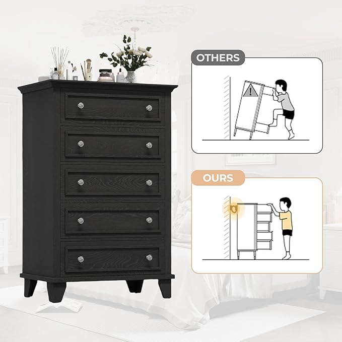 GarveeHome Black Dresser for Bedroom, 48" Tall Dresser with 5 Drawers, Chest of Drawers with Storage, Vintage Wood Dressers for Closet, Living Room, Hallway