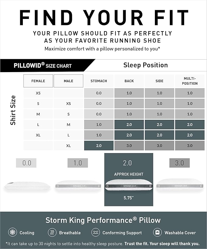 Bedgear Storm King Performance Pillow - Size 2.0 - Cooling Bed Pillow for Hot Sleepers - Medium Pillow for All Sleep Positions, Hypoallergenic, Washable & Removable Cover - 20" W x 36" L x 5.75"