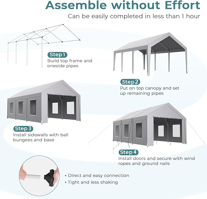 Carport 12x20 ft Heavy Duty, Car Port with Reinforced Steel Frame and 6 Roll-up Windows, Portable Garage with Sturdy Ground Nails, Waterproof All-Season Car Canopy for Boat, Truck, Grey