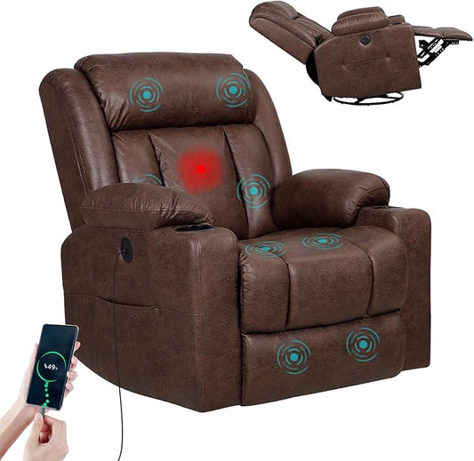 LEVELEVE Retro Rocking Recliner Chair, Massage Rocker Recliner Chair with Vibration Massage and Heat, USB and Type-C Ports,360° Swivel Chairs,Living Room, Bedroom, Nursery, RV, Brown
