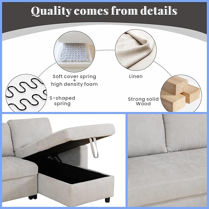 Sofa Bed Pull Out Couch, Convertible L Shaped Sleeper Sofa with Storage Chaise, Modern Lounge Small Sectional Couches for Living Room Small Spaces, Grey