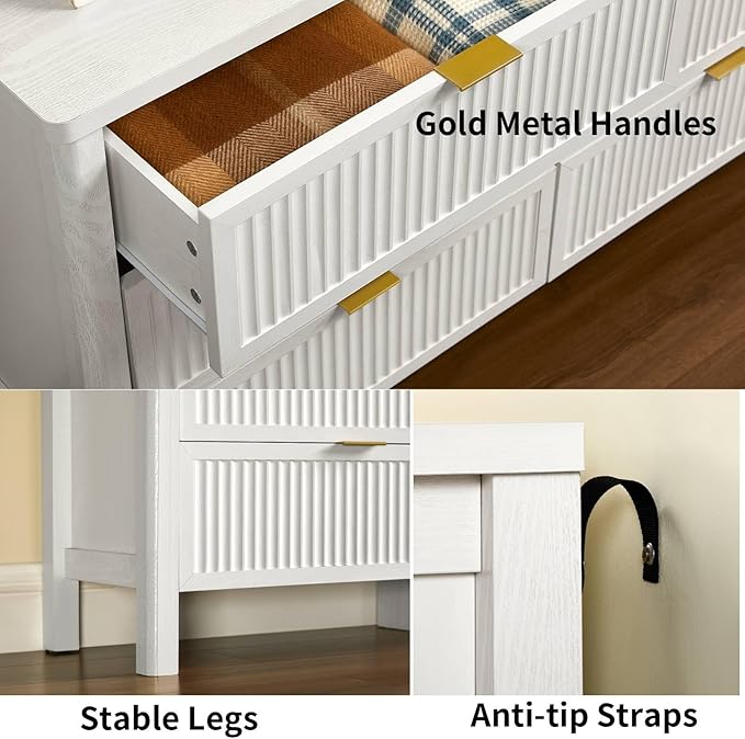 Fluted 6 Drawers Dresser for Bedroom, 55 Inch Wide Modern Wood Chest of Drawers, Mid Century Chests Drawer Clothing Organizer for Hallway (White)