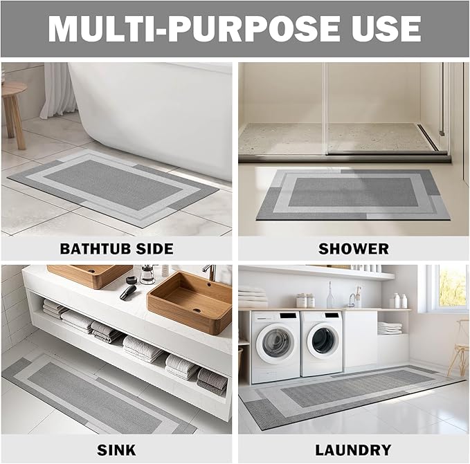 Non Slip Long Bath Mat Bathroom Runner, Rubber Backing Ultra Thin Bathroom Rugs Fit Under Door Quick Dry Super Absorbent Washable Bath Rug Shower Mat for Bathtub Sink Floor, Grey 24"x48"