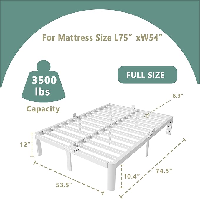 ITIMIDI White Full Size Bed Frame 12 Inch, Metal Platform Bed Frame Full No Box Spring Needed, DIY Headboard, Heavy Duty Steel Support 3500 LBS, Noiseless, Round Legs, Storage Space, Easy Assemblys