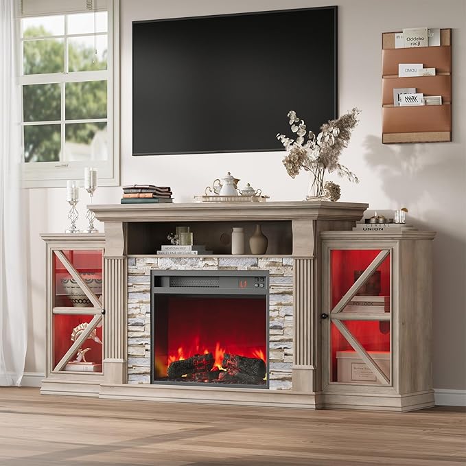 QUW Electric Fireplace TV Stand, 70" Farmhouse Entertainment Center with Open Shelf and Glass Barn Door Cabniet, Modern TV Console Table with 7 Flame Colors for Living Room, Grey