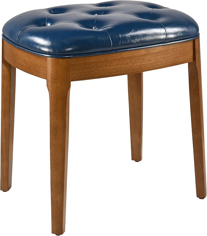 Solid Wood Button Tufted Vanity Stool, Ottoman Stool with Wood Legs & Padded Seat PU Leather Upholstered Piano Bench with Non-Slip Foot Pads Accent Stool for Bedroom Entryway, Blue
