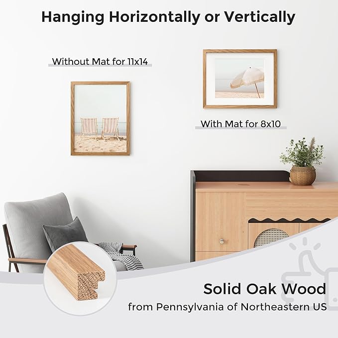 Axeman 11x14 Picture Frame with Mat for 8x10, Solid Oak Wood Picture Frames with Tempered Glass, Natural Wooden 11x14 inch Photo Frame for Wall, Wall Hook Included for Art Photo and Prints, Natural