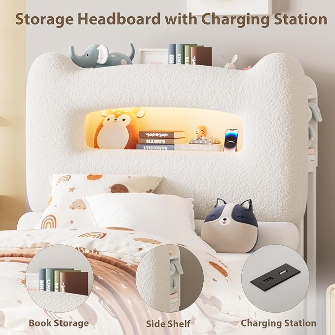 GarveeHome Upholstered Twin Bed Frame with 2-Tier Storage Headboard, LED Platform Bed with Charging Station and Drawer for Kids/Girls/Boys, Heavy Duty Metal Support, No Box Spring Needed, Beige