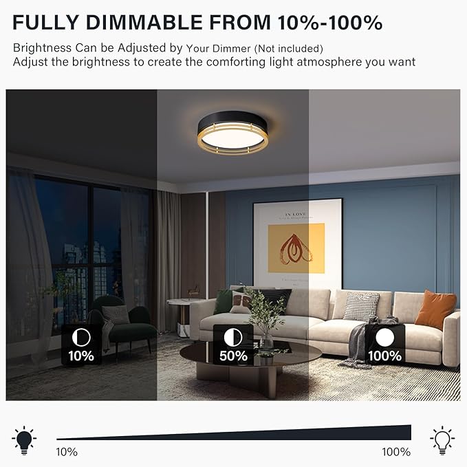 Dimmable Black and Gold Flush Mount Ceiling Light, Modern Round LED Ceiling Lights Fixture, Kitchen Flushmount Light for Bedroom Hallway Kitchen 2700 K-6000 K 5CCT