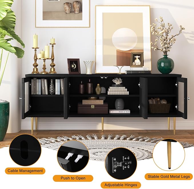 TV Stand for TVs up to 75", Mid Century Modern TV Console with 3D Flower Pattern, Wood Entertainment Center with 2 Fluted Glass Doors, Media Console Table with Storage for Living Room, Black