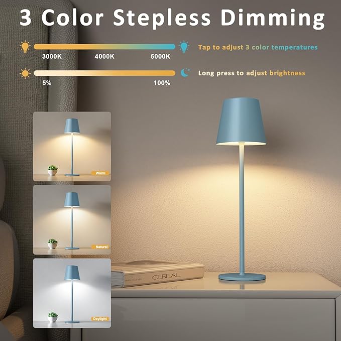 Kakanuo Cordless Table Lamps Pack of 4, Portable LED Desk Lamp, Battery Operated Lamp, Wireless Rechargeable Lamp, 3 Color Stepless Table Lamp for Restaurant, Bar, Party, Camping and Bedroom - Blue