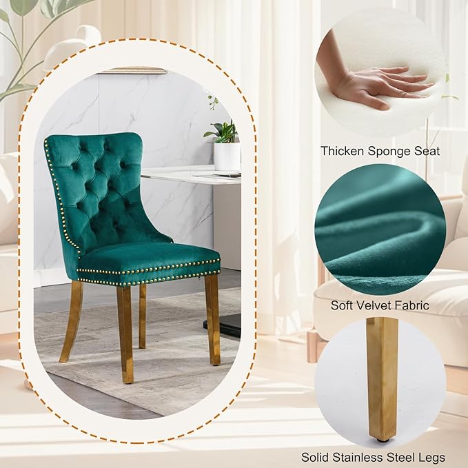 7-Piece Faux Marble Round Dining Table Set for 6, Modern Luxury Kitchen Table Set for 6 with Green Tufted Chairs,Circle Dining Tables with Pandora Grain Top and Bronze Pedestal Base