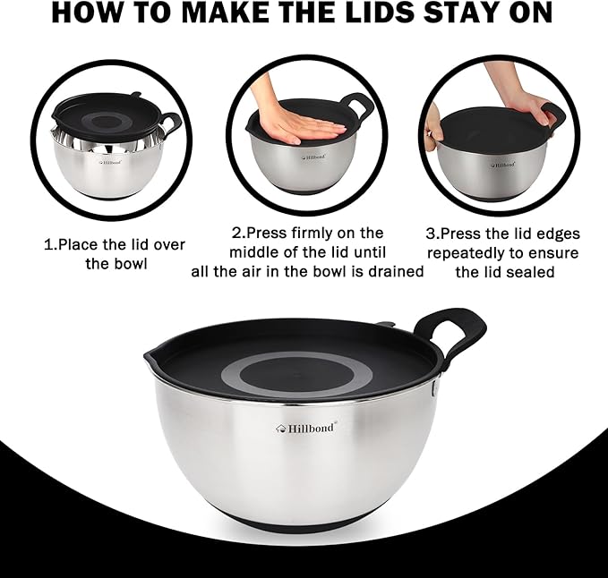 Hillbond Stainless Steel Bowls with Lids Set Mixing Bowls with Pour Spout, Silicone Handle and Non-Slip Bottoms for Baking, Metal Bowls Mixing Dishwasher Safe, Set of 3 (Black)