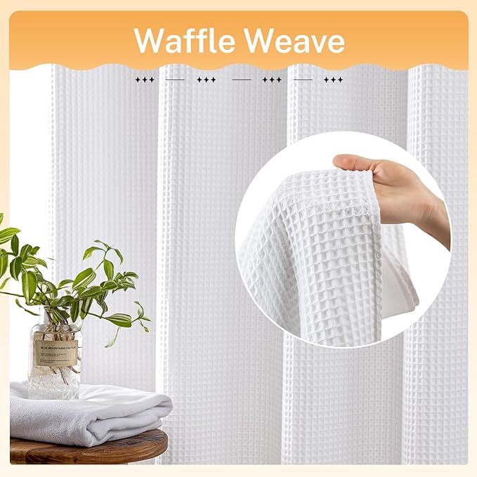 River Dream White Fabric Shower Curtain Set, Cotton Blend, Waffle Weave, with Snap in Replacement Liner，71 x 74 inches
