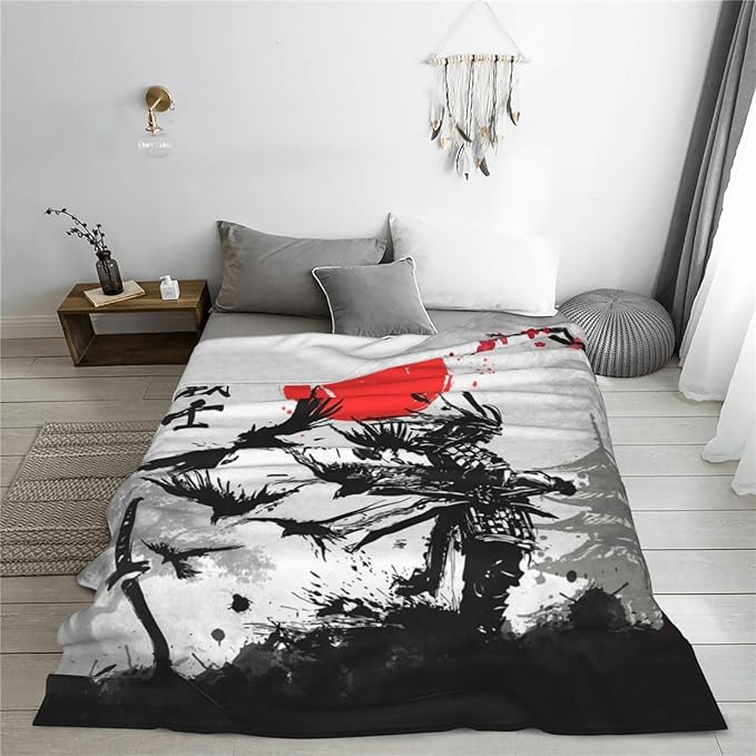 Japanese Blanket Cherry Blossom Throw Blankets Black and White Japen Stuff Gifts for Men Women Boys Girls Adults Fleece Flannel Blanket Plush Bedding for Couch Sofa Bed Room Decor 40"X50"