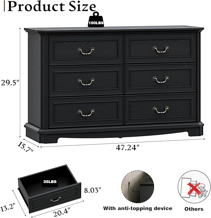 Farmhouse Dresser for Bedroom with 6 Drawer, 48" Wide Rustic Chest of Drawers with Metal Handle, Wood Vintage Dresser TV Stand, Wooden Closet Storage Dressers Organizer for Living Room, Hallway, Black