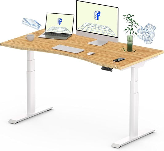 FLEXISPOT E6 Pro Oval Leg Dual Motor 3 Stages Bamboo Electric Standing Desk 48x24 Inch Whole-Piece Board Height Adjustable Electric Sit Stand Up Desk (White Frame + Bamboo Curved Desktop)
