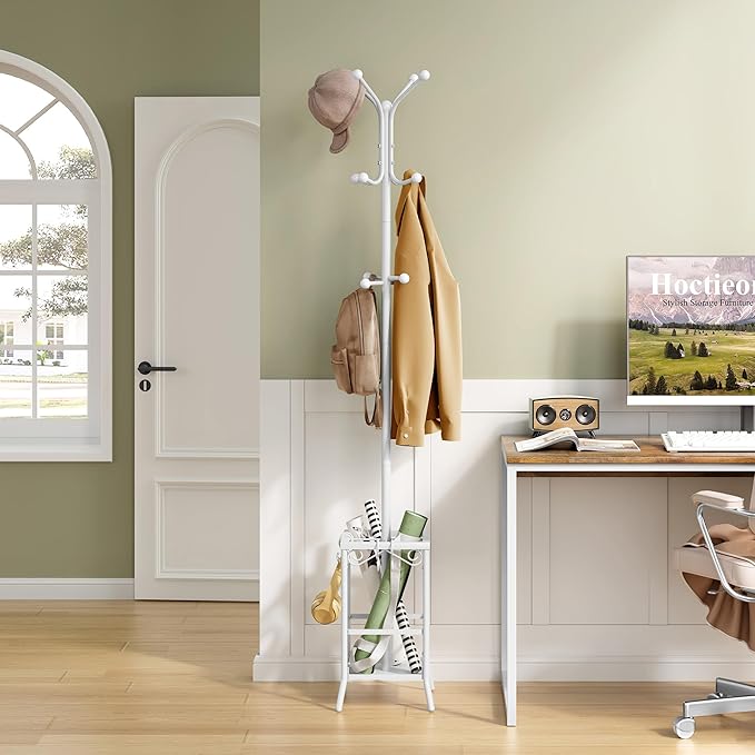 Hoctieon Coat Rack Freestanding, Coat Tree with Umbrella Holder, Metal Coat Rack Stand with 12 Hooks, Standing Coat Hanger Stand, Umbrella Stand for Entryway, Hat Rack Stand for Home Office, White