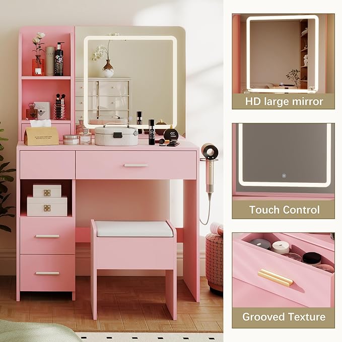 Vanity Desk with Mirror and Lights, 3 Adjustable Lighting Makeup Vanity Desk with 3 Storage Shelves, 5 Large Drawers and Power Outlet, Pink Vanity with Chair for Bedroom
