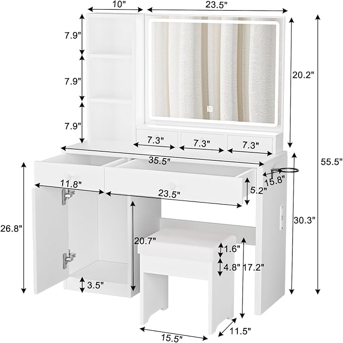 Makeup Vanity Desk with Mirror and Led Lights,Makeup Desk with Lights 3 Colors,Makeup Vanity with 5 Drawers&3 Shelves, Vanity Table with Stool and Power Outlet, Vanity Set for Bedroom,White