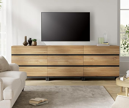 Wampat Modern TV Stand for 100 inch TVs, Entertainment Center Console with 9 Drawers, Metal Base, Living Room, Bedroom, Oak