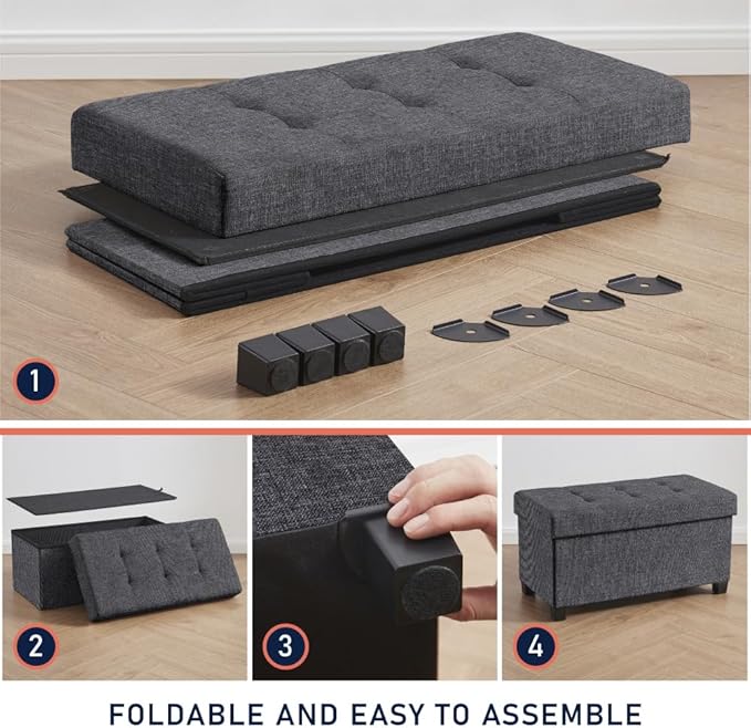 Ornavo Home 30 Inch Storage Ottoman, Large Storage Bench, Ottoman with Storage with Legs, Foot Rest Stool, Bedroom Bench - Dark Gray