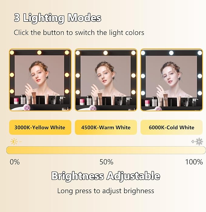 Small Vanity Desk with Mirror and Lights, Makeup Vanity Desk with Adjustable Brightness 3 Light Modes, RGB Storage Cabinet, Power Outlet, Drawer, Shelves, Vanity Table for Women Girls Bedroom