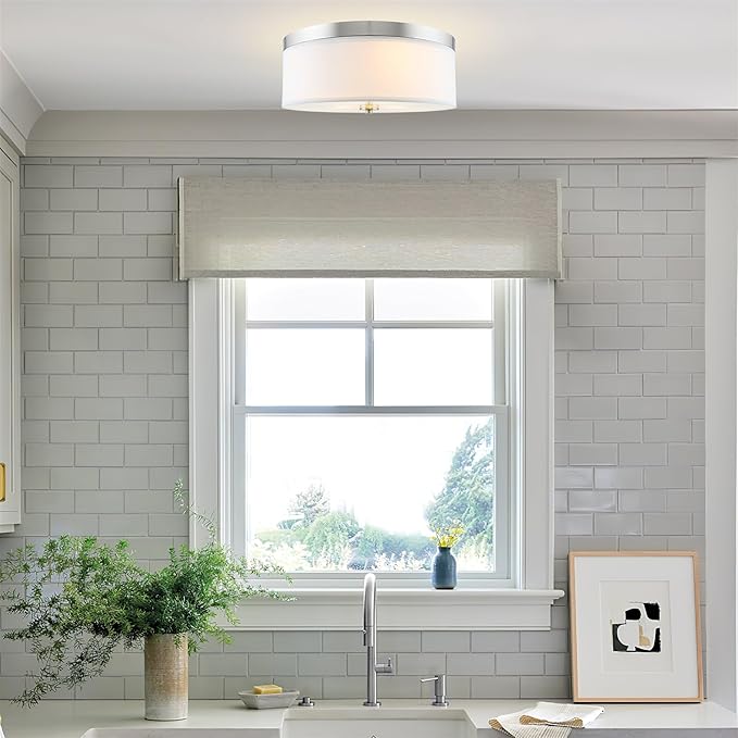 Kira Home Walker 20" Large Mid-Century Modern 3-Light Flush Mount Ceiling Light, White Fabric Shade + Round Glass Diffuser, Brushed Nickel Finish