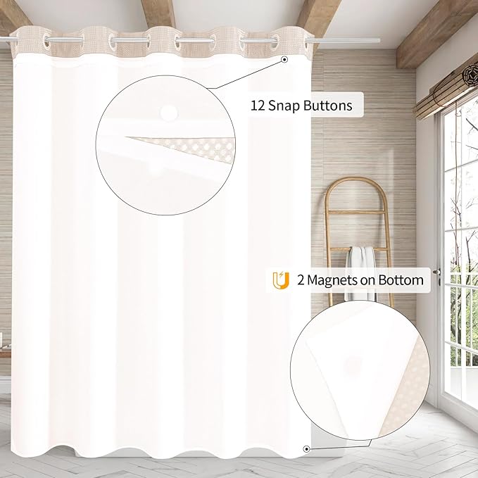 MitoVilla Pink Long Shower Curtain 72 x 80, No Hooks Needed 80 inch Long Heavyweight Waffle Fabric Shower Curtain Set with Snap-in Liner for Hotel Grade Spa-Like Bathroom Decor, Blush Pink