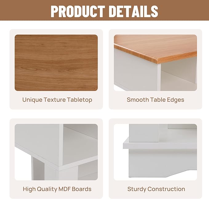 ALBAD Farmhouse Rustic Square Coffee Tables Living Room Center Table with Half Open Storage White & Light Brown