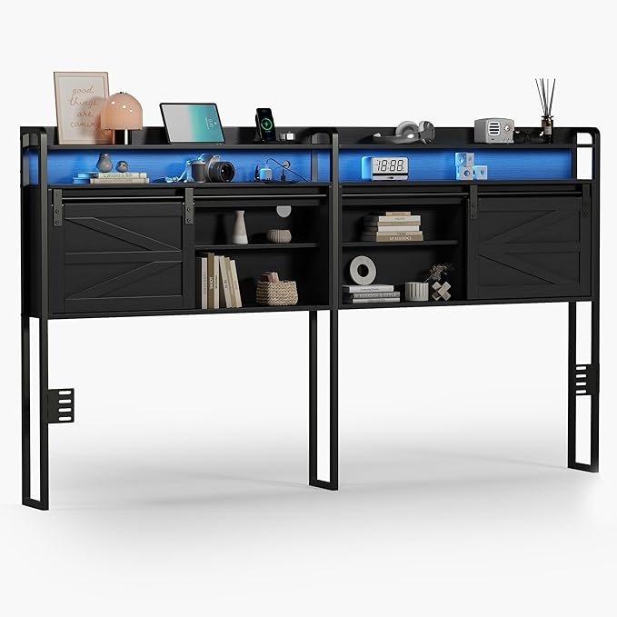 wanan Headboard King Size with Storage, 3 Tier Size Headboard only with Outlets, USB Ports and LED Light Strip, Headboards with Sliding Barn Doors, Adjustable Shelf (Black, King (U.S. Standard))