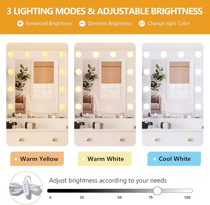 Makeup Vanity Desk with Mirror and Lights, 43" White Vanity Set with Chair, 3 Drawers, Power Outlet & Adjustable RGB LED Lights, Dressing Table with Storage Shelf for Women & Girls Bedroom