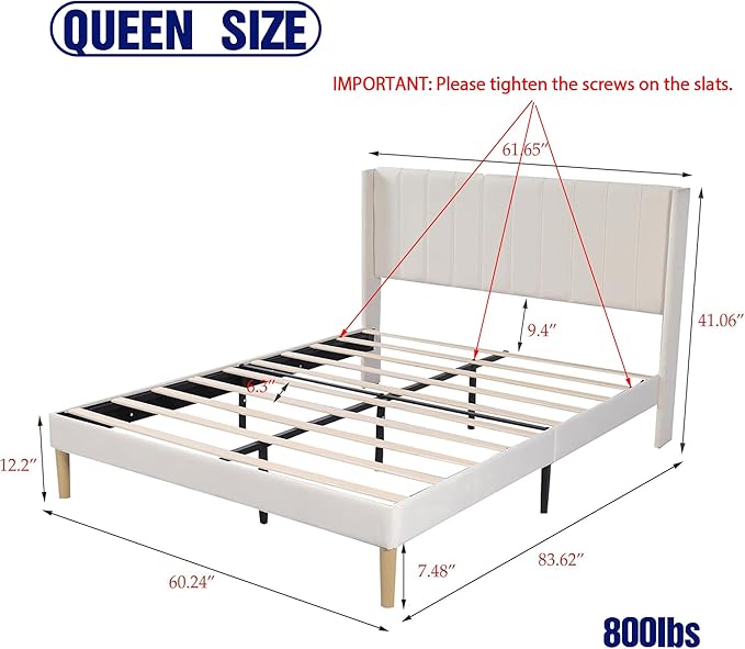 Upholstered Platform Queen Size Bed Frame with Headboard Wooden Slats Support No Noise Easy Assembly Beige Velvet