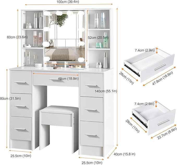 White Vanity Desk with Mirror and Lights, 3 Color and Brightness Adjustable Makeup Flip Mirror with Lights, Bedroom Dressing Table Vanity Stool Set and 7 Storage Drawers & 9 Shelves
