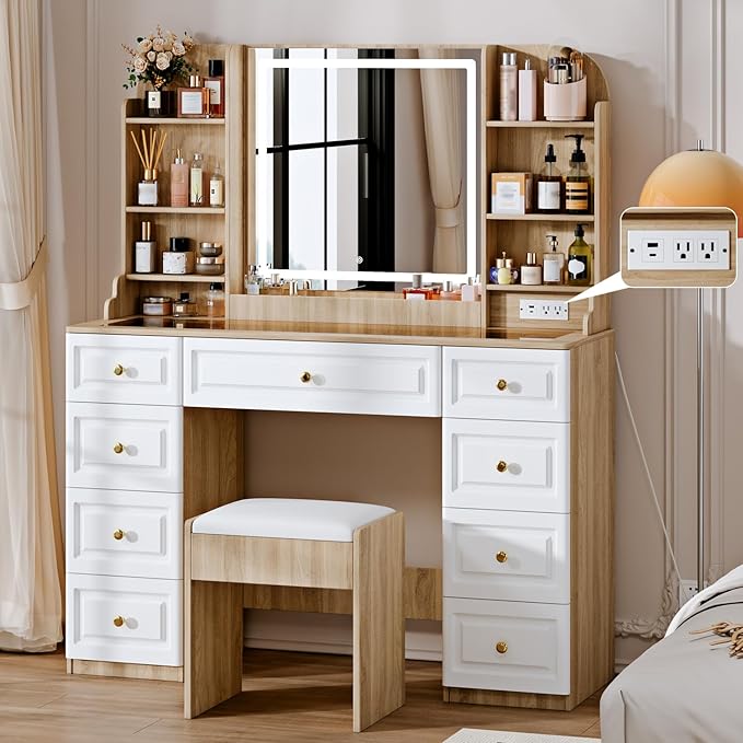 43" Makeup Vanity Desk with Mirror and Lights, & Power Outl, Glass Top Big Vanity Table with 9 Drawers& 8 Storage Shelves, Dressing Table Set with Chair for Bedroom, White+Oak