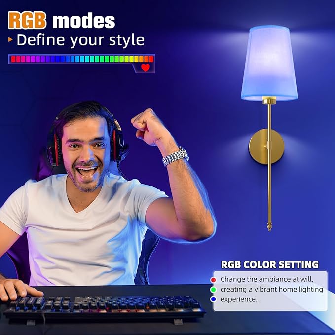 NIORSUN 25.4 inch Battery Operated Wall Sconce Set of 2,Gold Rechargeable Wall Lights with 5200mAh Dimmable Detachable Bulbs and Remote,9 Colors Wireless Sconces for Bedroom Living Room Hallway