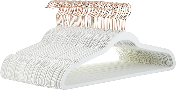 Amazon Basics Slim, Velvet, Non-Slip Sturdy Clothes Hangers, 50-Pack, Ivory/Rose Gold
