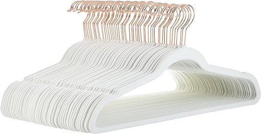 Amazon Basics Slim, Velvet, Non-Slip Sturdy Clothes Hangers, 50-Pack, Ivory/Rose Gold