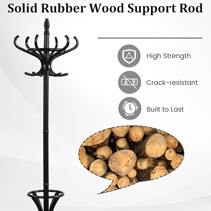 Tangkula Coat Rack with Umbrella Holder, 73 Inch Freestanding Coat Hanger Stand with 12 Hooks, Wooden Entryway Coat Tree for Clothes, Bags, Hats, Scarves, Living Room, Bedroom, Hallway (Black)