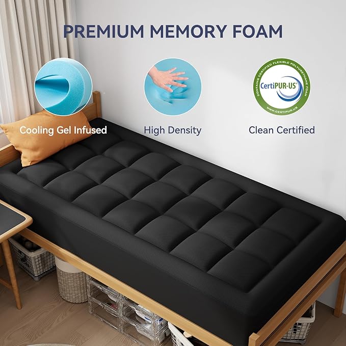 ELEMUSE 3 Inch Dual Layer Memory Foam Mattress Topper Twin XL, Dorm Room 2 Inch Cooling Gel Memory Foam Plus 1 Inch Down Alternative Pillowtop Mattress Pad,College Essential, Comfort Support, Black
